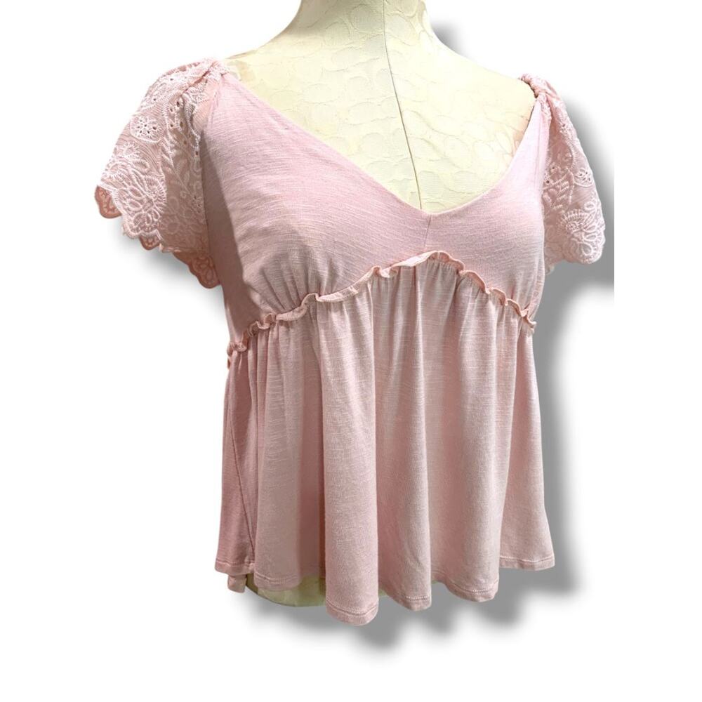 Small Love on a Hanger Womens Pink Babydoll Shirt V-Neck Eyelet Sleeve